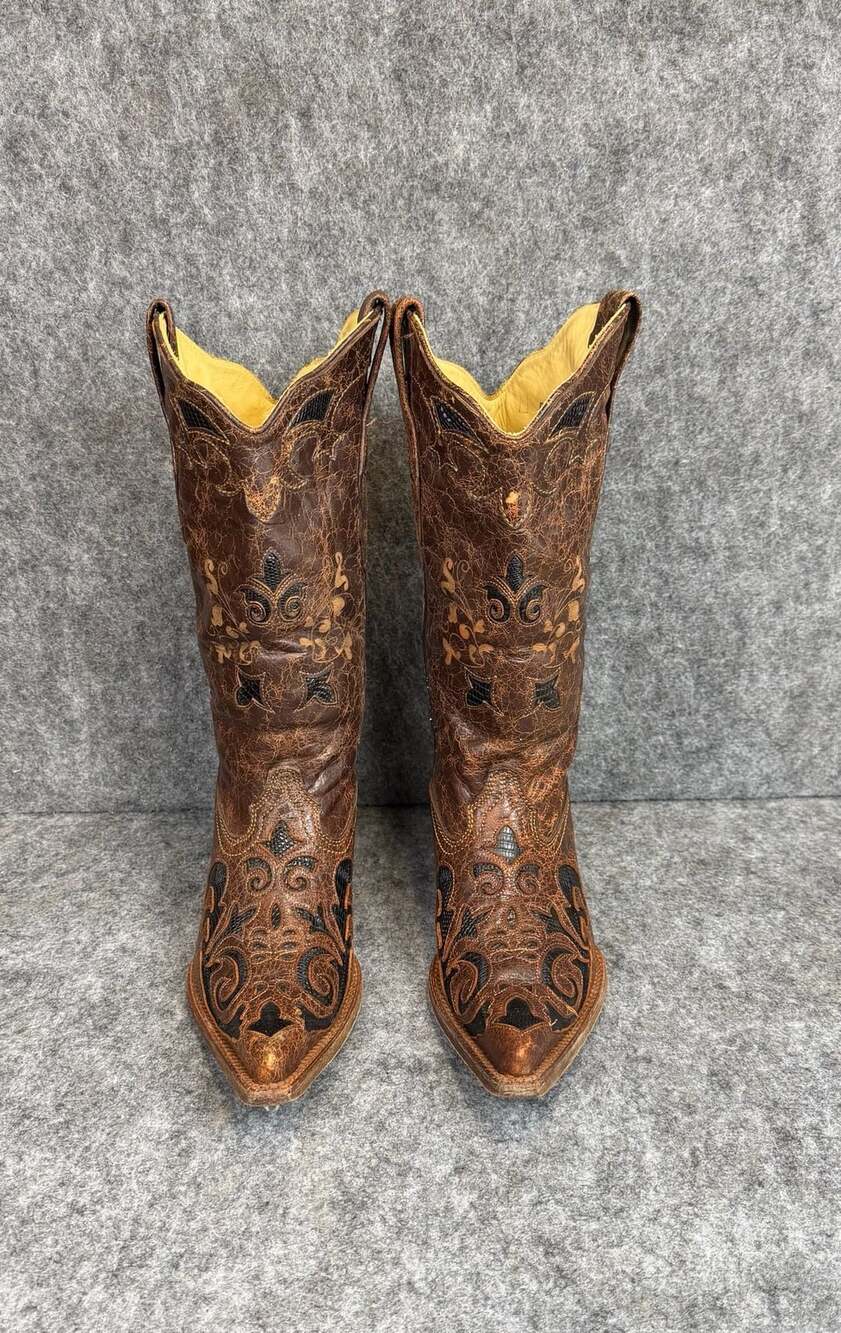 Corral Vintage Western Boots Size 7 M Brown Lizard Inlay